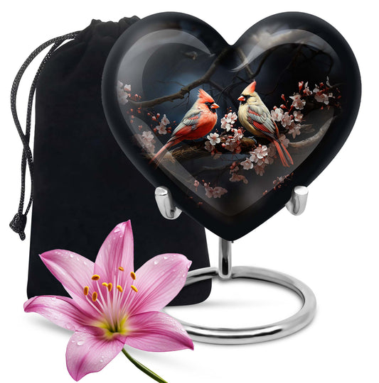 10-inch heart-shaped Cardinal bird urn with wolf howling theme for male adult, includes velvet pouch for ashes storage