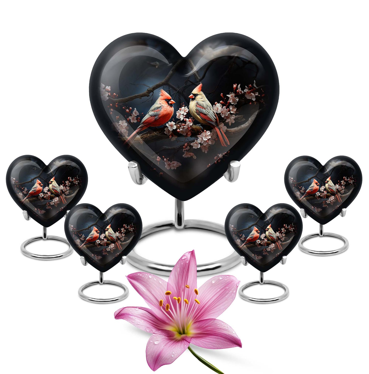 10-inch heart-shaped Cardinal bird urn with wolf howling theme for male adult, includes velvet pouch for ashes storage