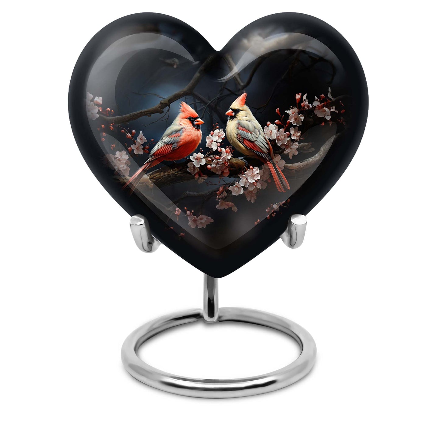 10-inch heart-shaped Cardinal bird urn with wolf howling theme for male adult, includes velvet pouch for ashes storage