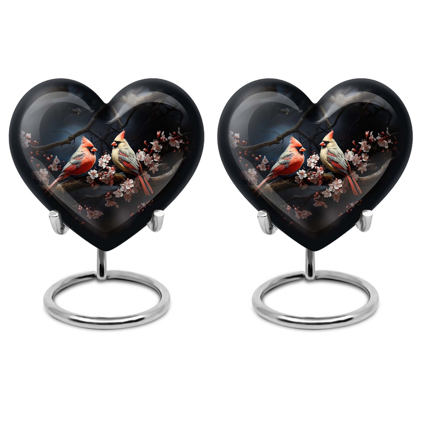 10-inch heart-shaped Cardinal bird urn with wolf howling theme for male adult, includes velvet pouch for ashes storage