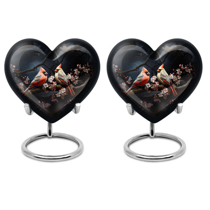 10-inch heart-shaped Cardinal bird urn with wolf howling theme for male adult, includes velvet pouch for ashes storage