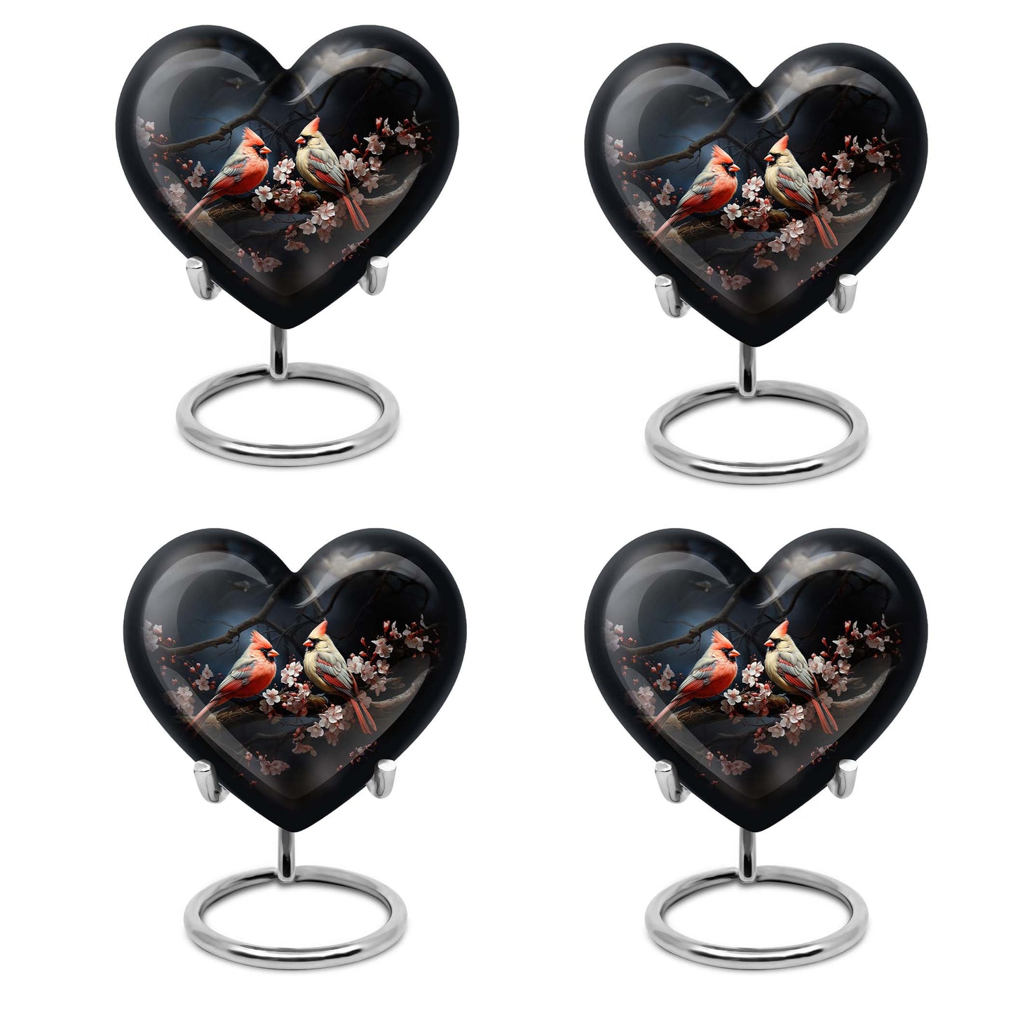 10-inch heart-shaped Cardinal bird urn with wolf howling theme for male adult, includes velvet pouch for ashes storage