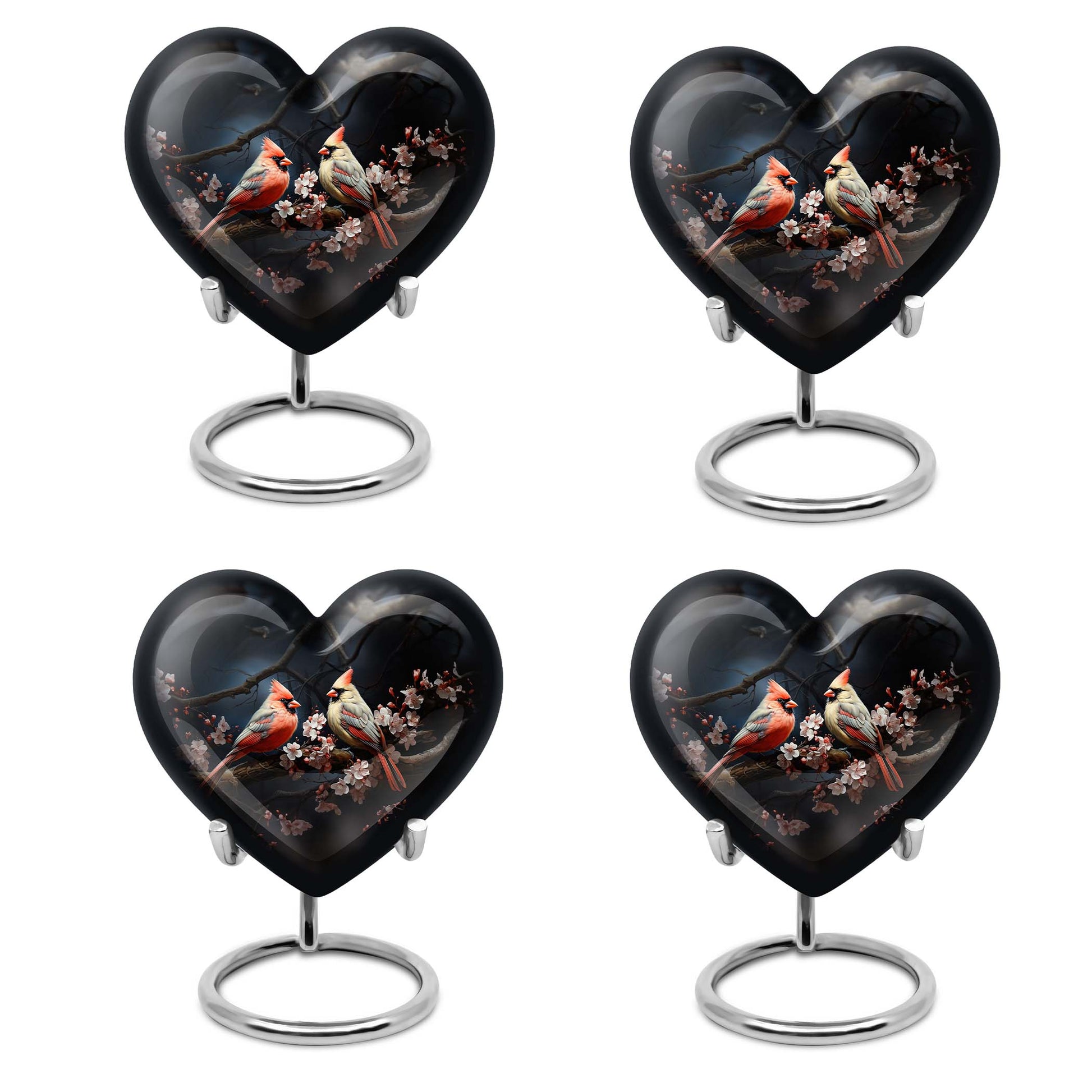 10-inch heart-shaped Cardinal bird urn with wolf howling theme for male adult, includes velvet pouch for ashes storage