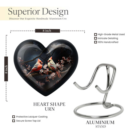 10-inch heart-shaped Cardinal bird urn with wolf howling theme for male adult, includes velvet pouch for ashes storage