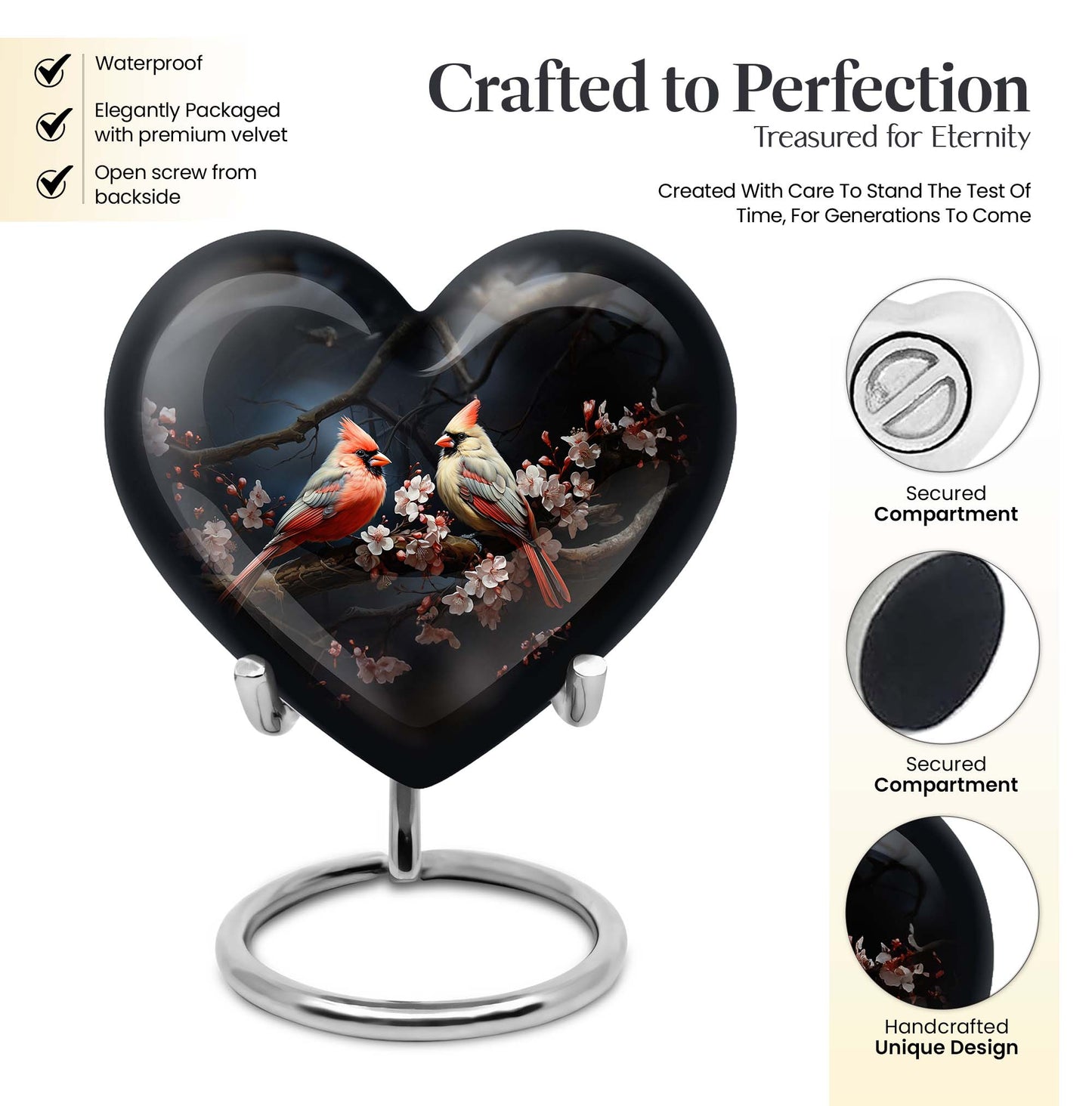10-inch heart-shaped Cardinal bird urn with wolf howling theme for male adult, includes velvet pouch for ashes storage