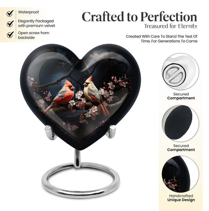 10-inch heart-shaped Cardinal bird urn with wolf howling theme for male adult, includes velvet pouch for ashes storage