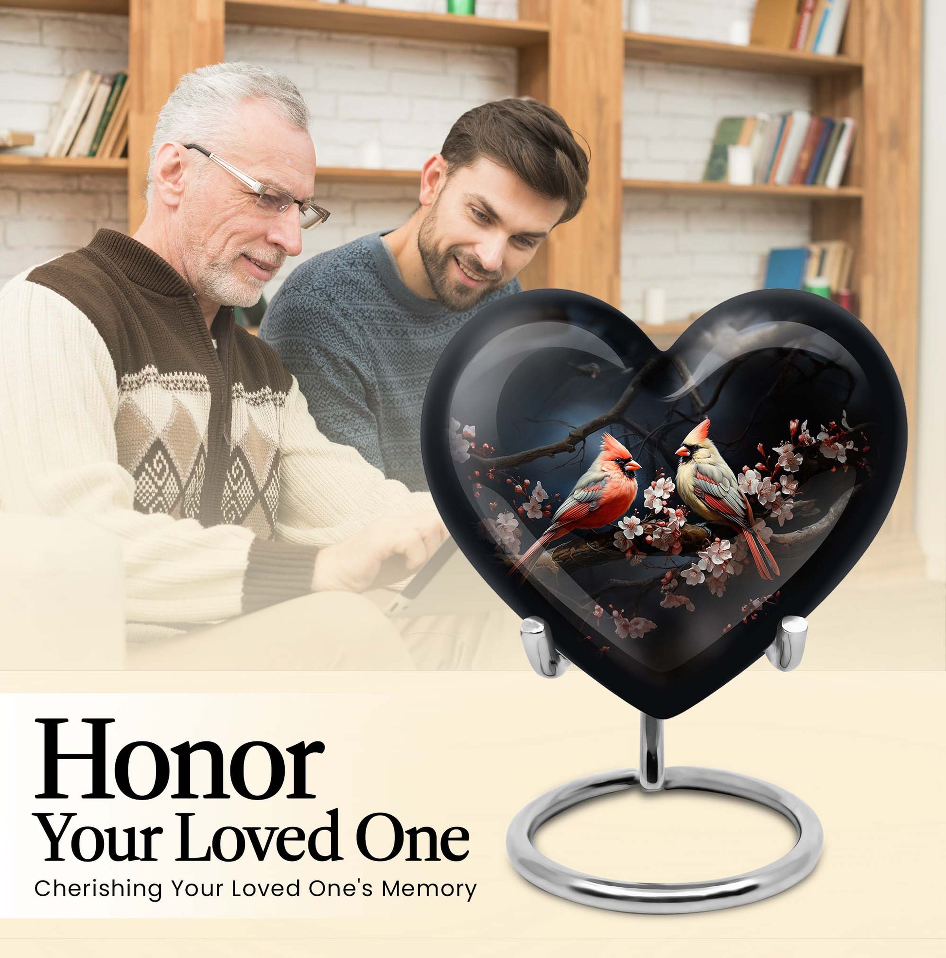 10-inch heart-shaped Cardinal bird urn with wolf howling theme for male adult, includes velvet pouch for ashes storage