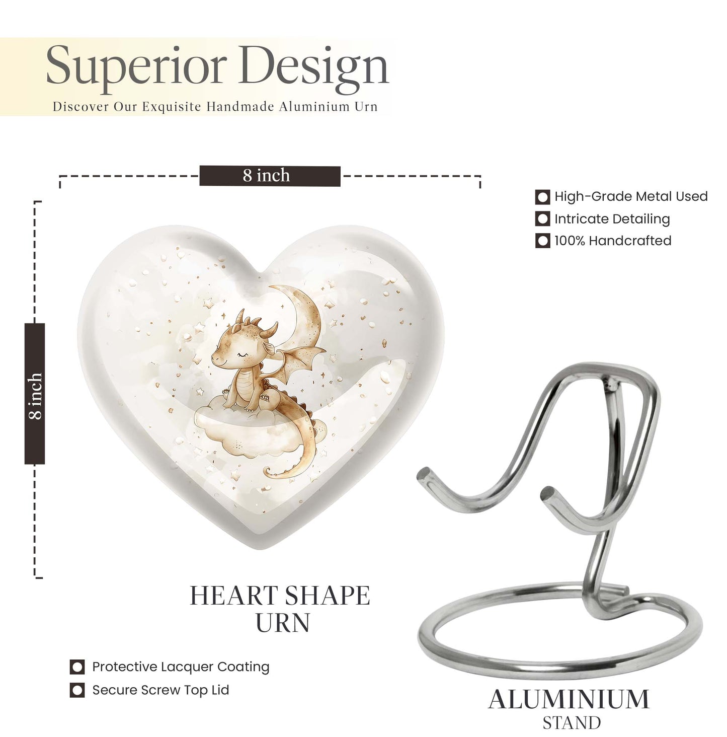 10-inch heart-shaped dragons urn, with wolf howling theme and personalized engravings, suitable for adult ashes storage.