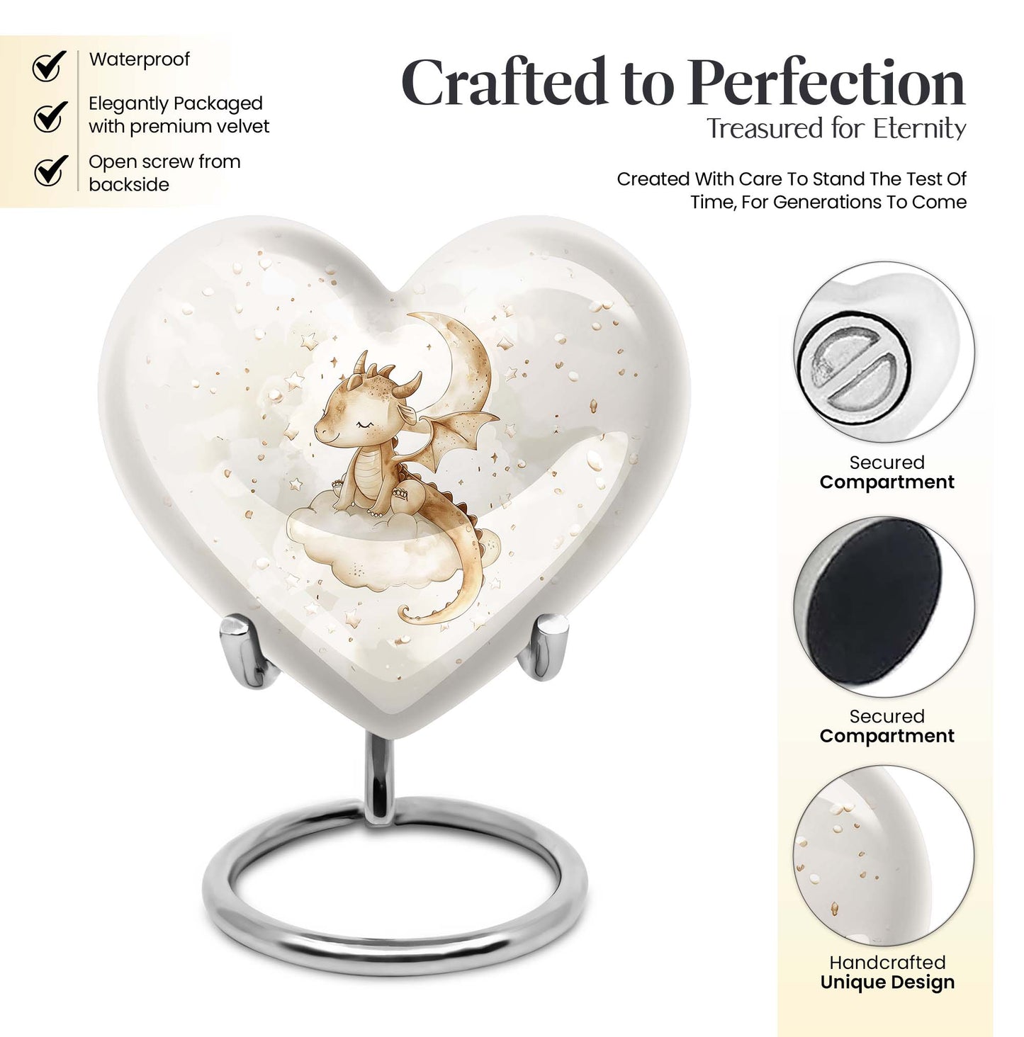 10-inch heart-shaped dragons urn, with wolf howling theme and personalized engravings, suitable for adult ashes storage.