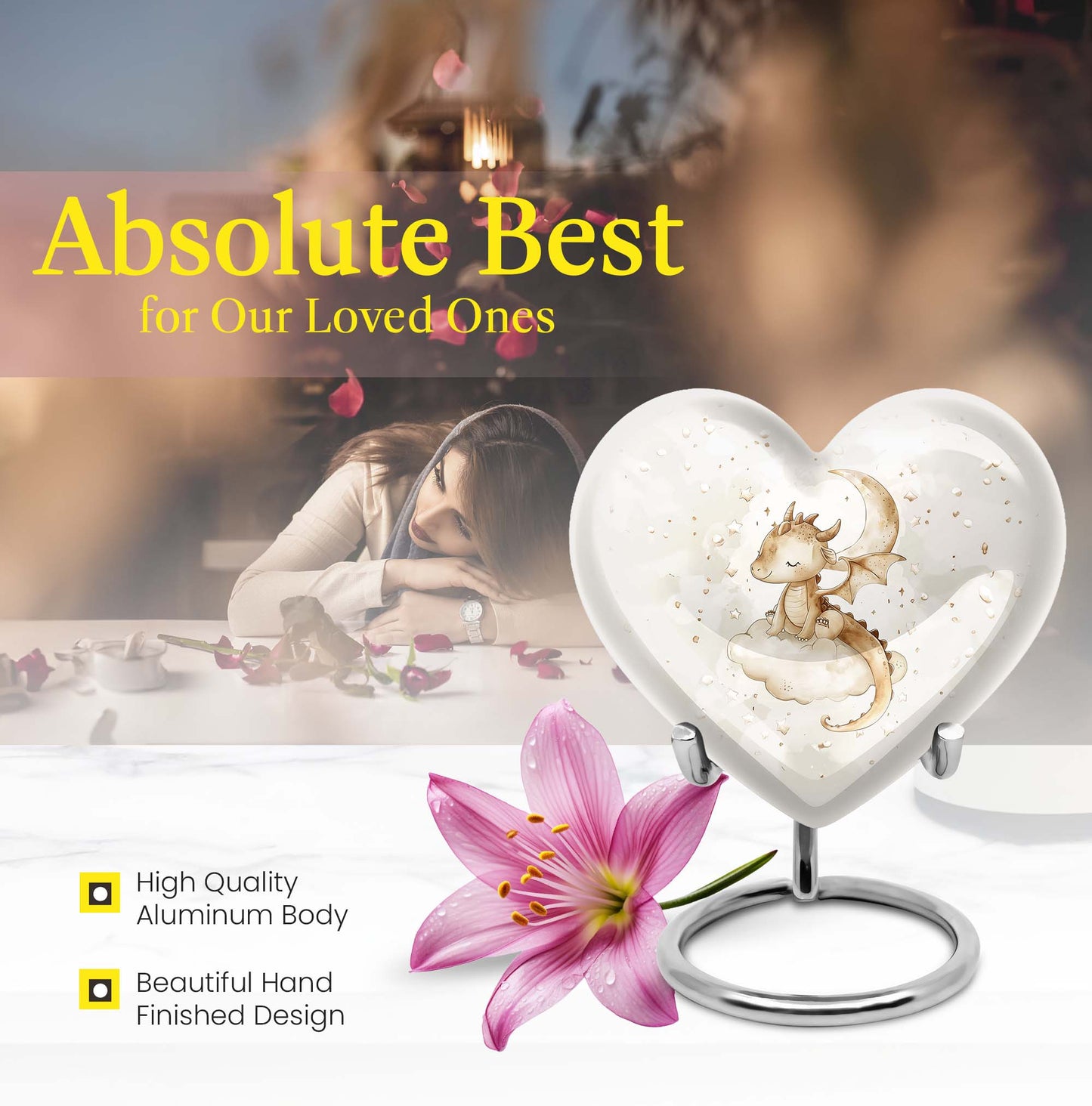 10-inch heart-shaped dragons urn, with wolf howling theme and personalized engravings, suitable for adult ashes storage.