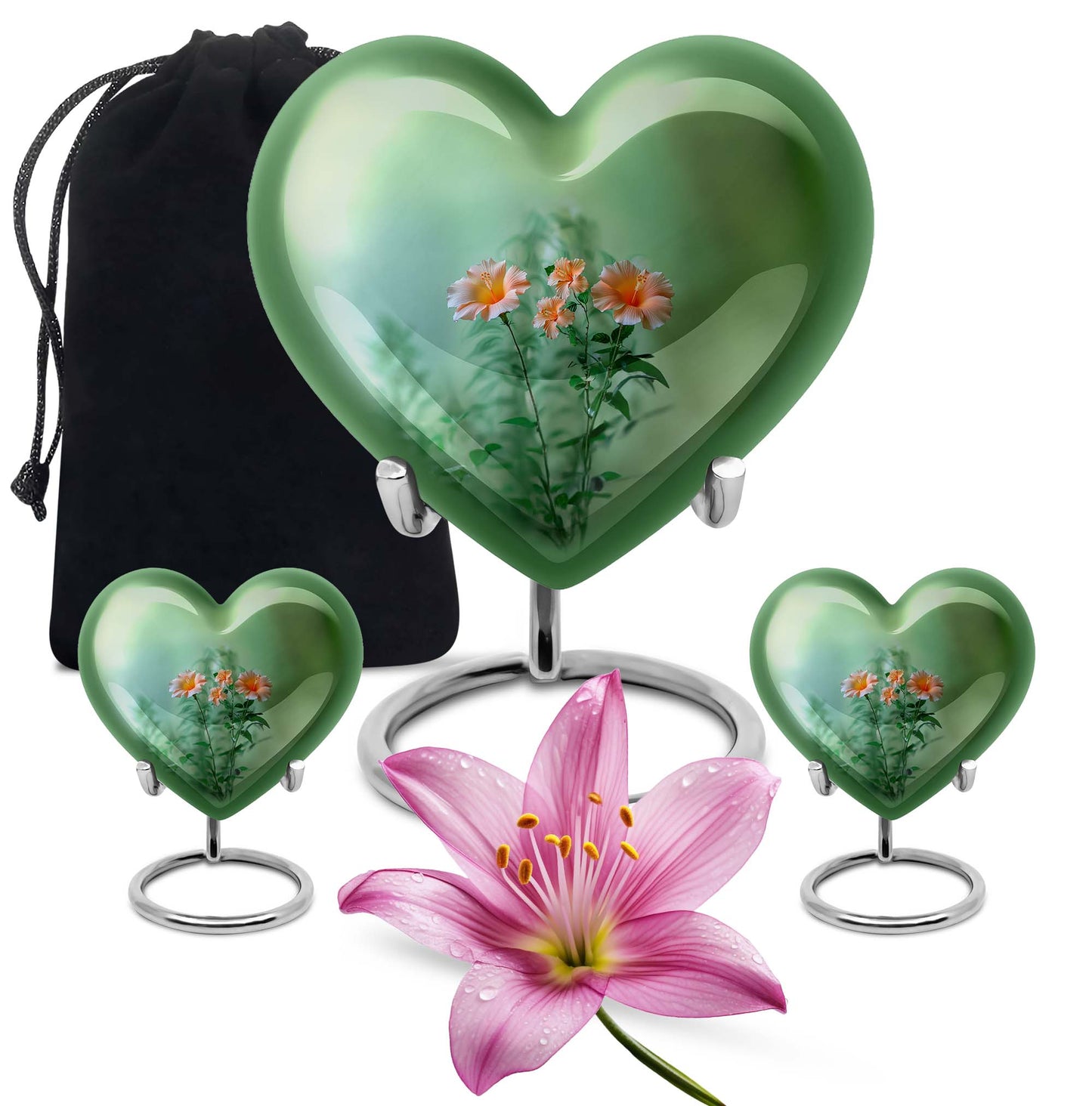 Flowers Theme Large Urn With 2 Keepsake Urn