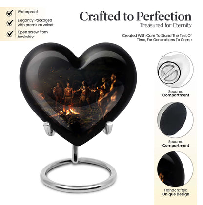 10-inch tribe Man Urn, heart-shaped cremation urn with wolf howling theme, customizable with engraved names, made of aluminium