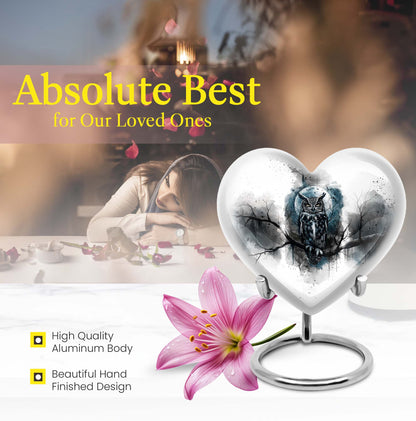 Heart-shaped 10-inch Owl Urn, a memorial large urn for ashes with Wolf Howling theme