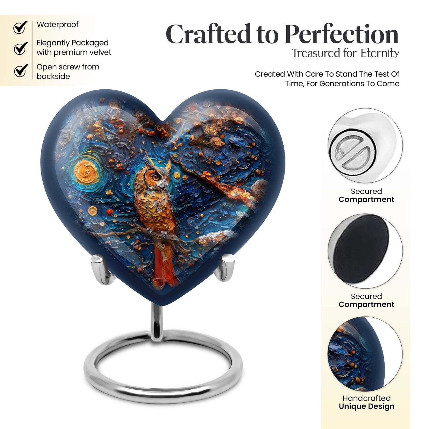 10-inch owl urn, heart-shaped aluminium burial cremation urn with wolf howling theme