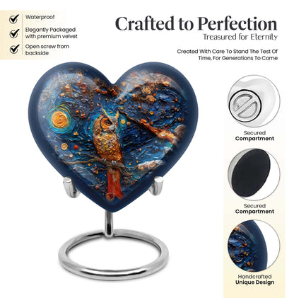 10-inch owl urn, heart-shaped aluminium burial cremation urn with wolf howling theme