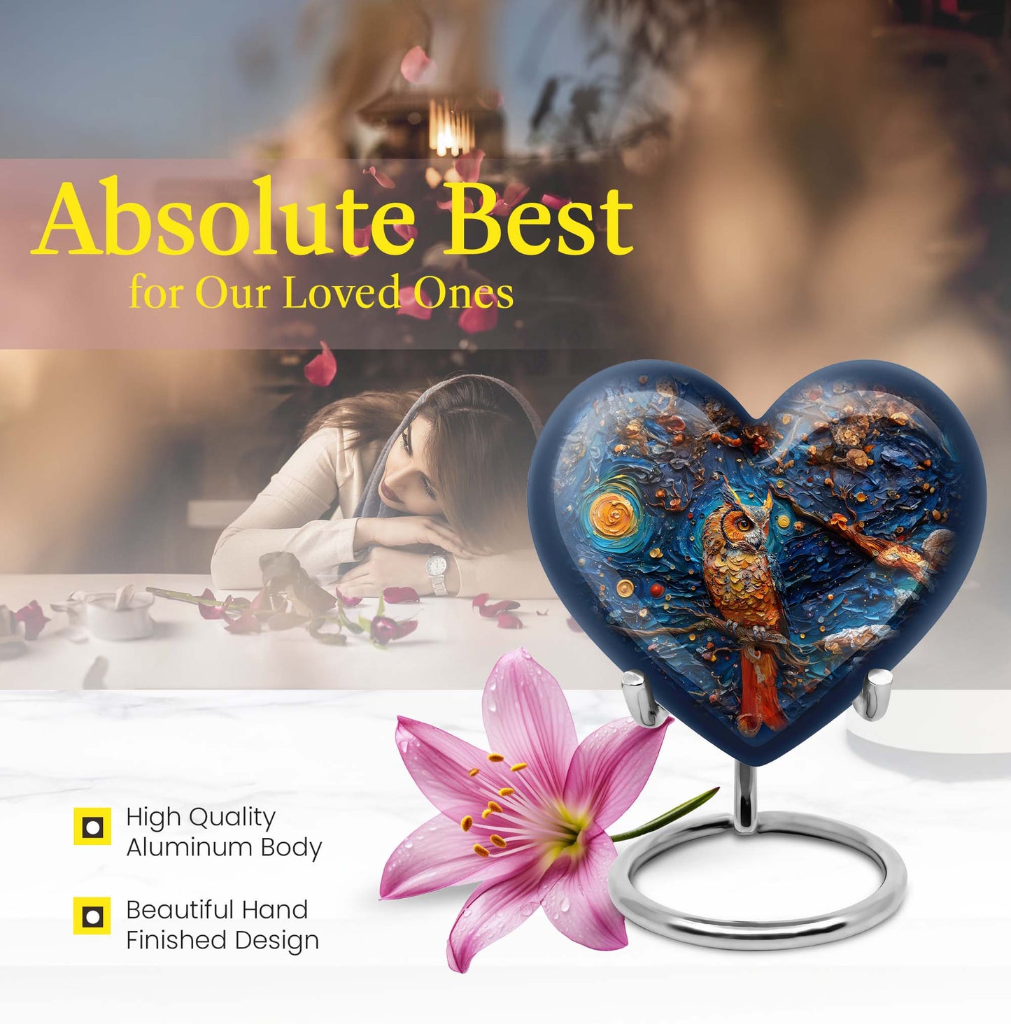 10-inch owl urn, heart-shaped aluminium burial cremation urn with wolf howling theme