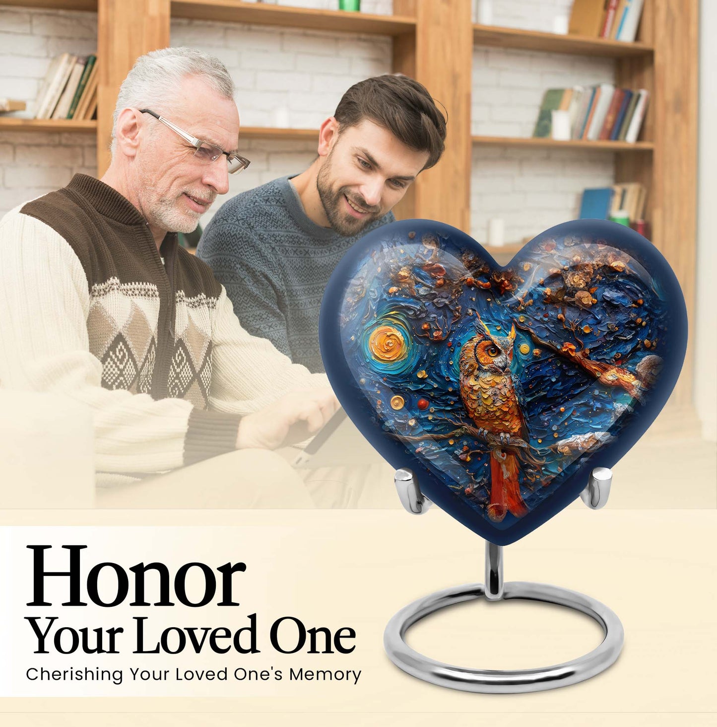 10-inch owl urn, heart-shaped aluminium burial cremation urn with wolf howling theme