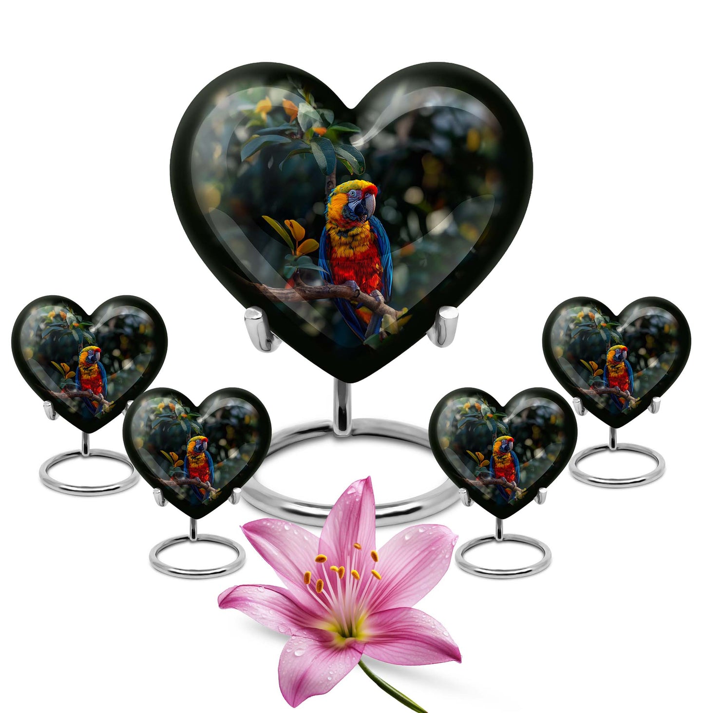 Macaw parrot-themed memorial urn