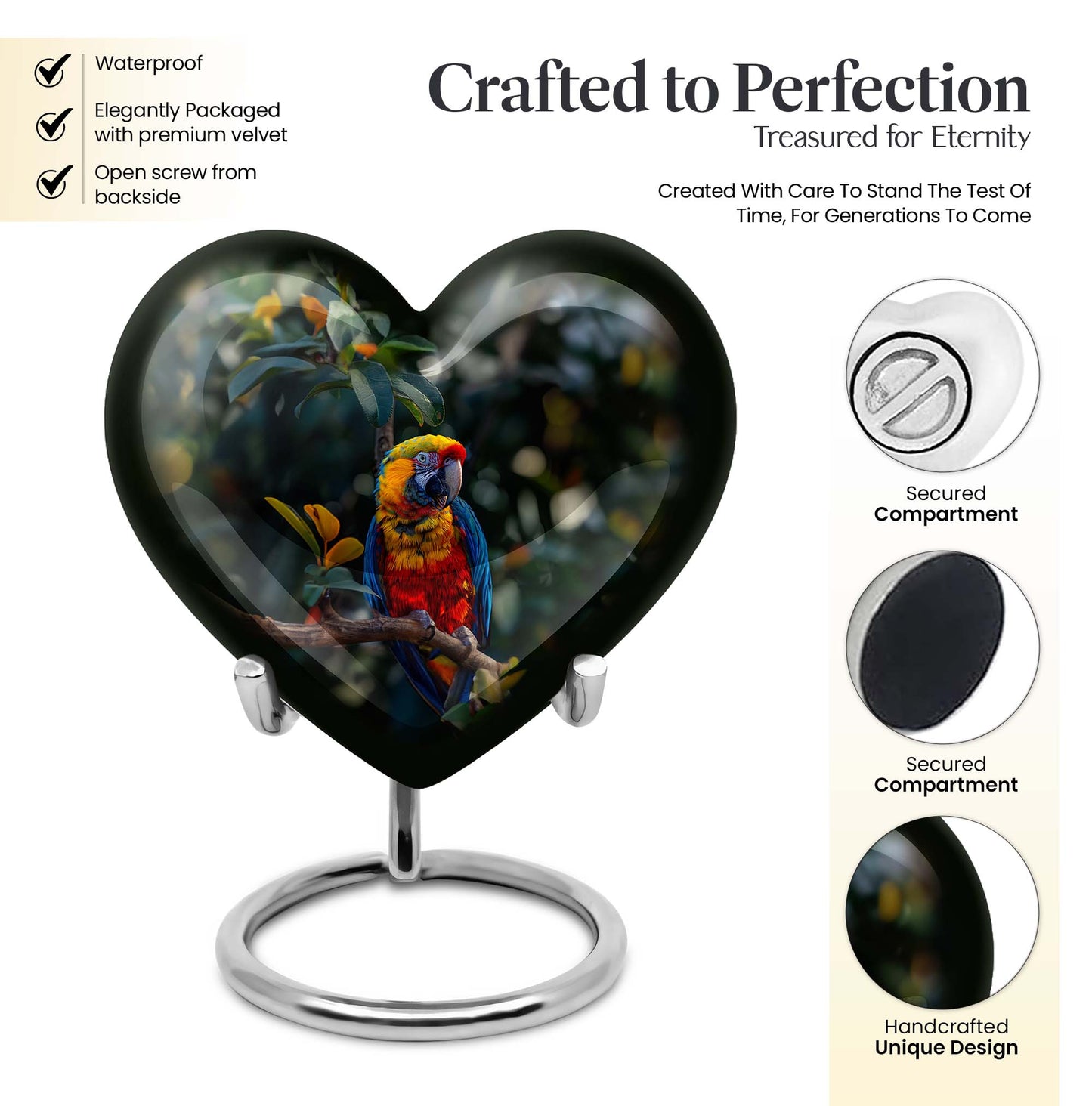 Macaw parrot-themed memorial urn