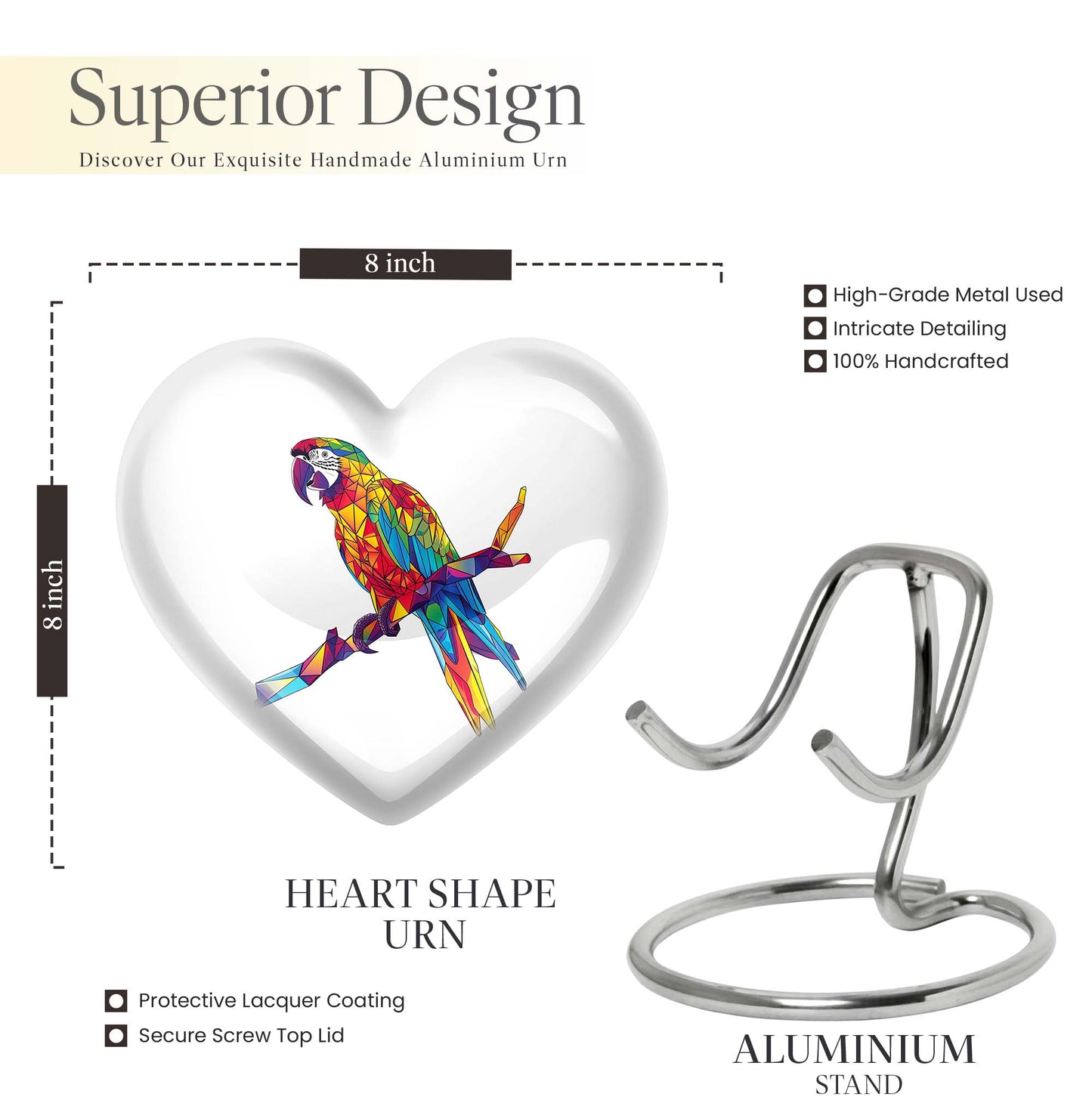 10-inch heart urn for ashes, macaw parrot urn with howling wolf design, customizable