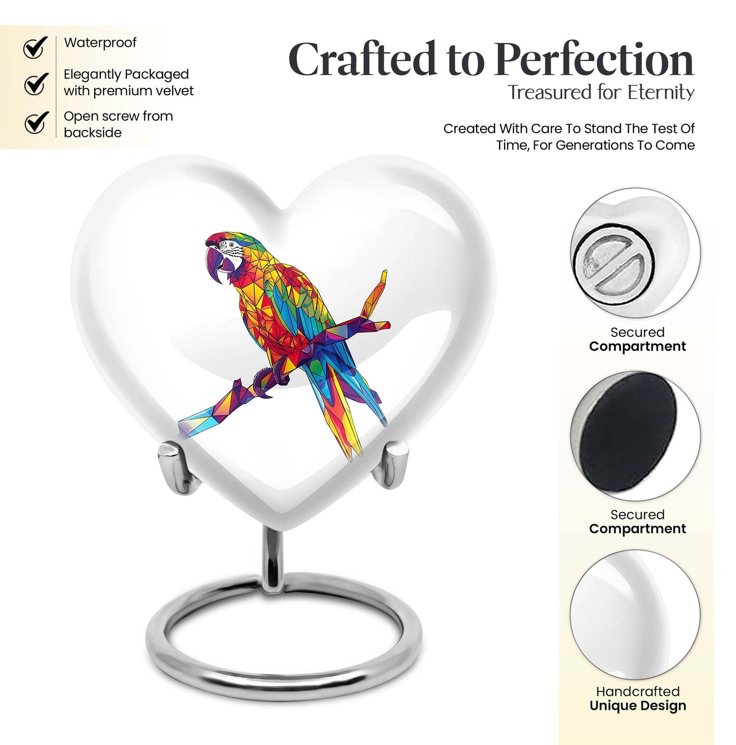 10-inch heart urn for ashes, macaw parrot urn with howling wolf design, customizable