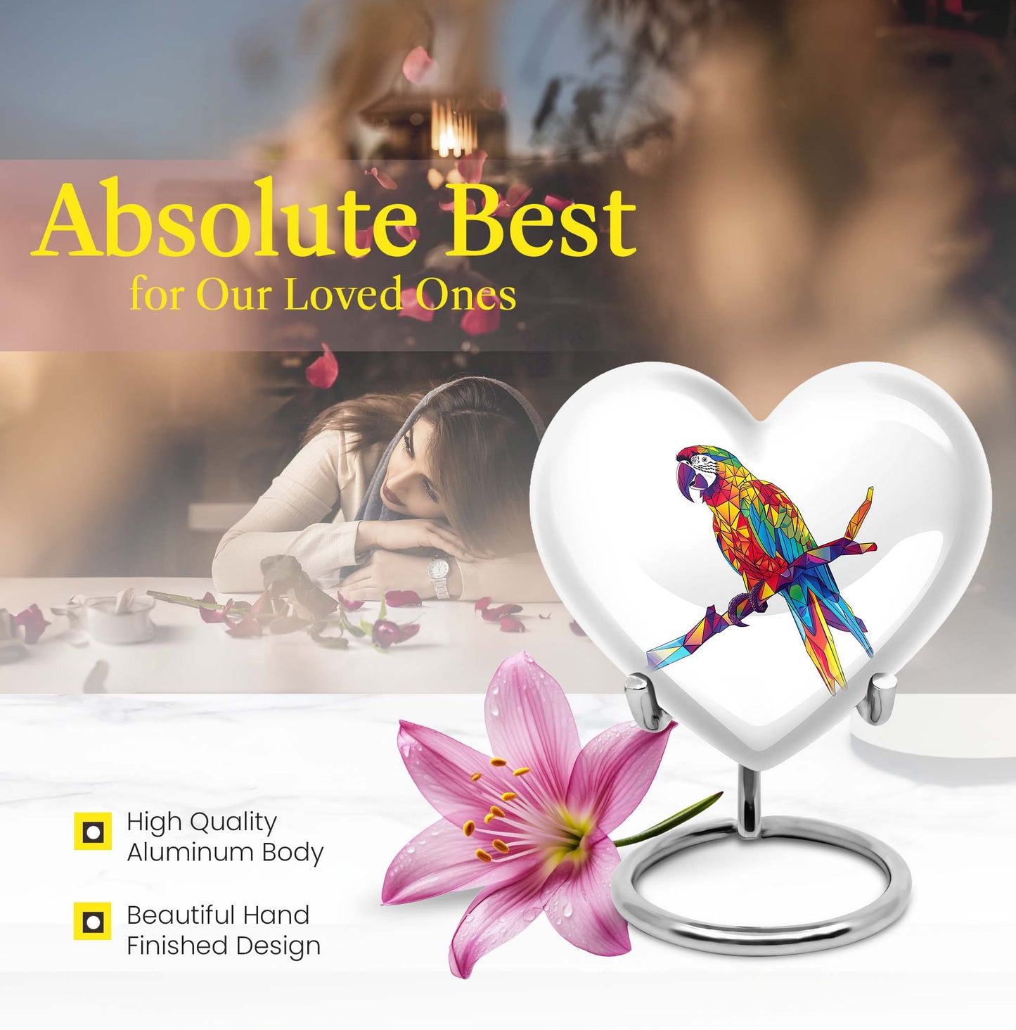 10-inch heart urn for ashes, macaw parrot urn with howling wolf design, customizable