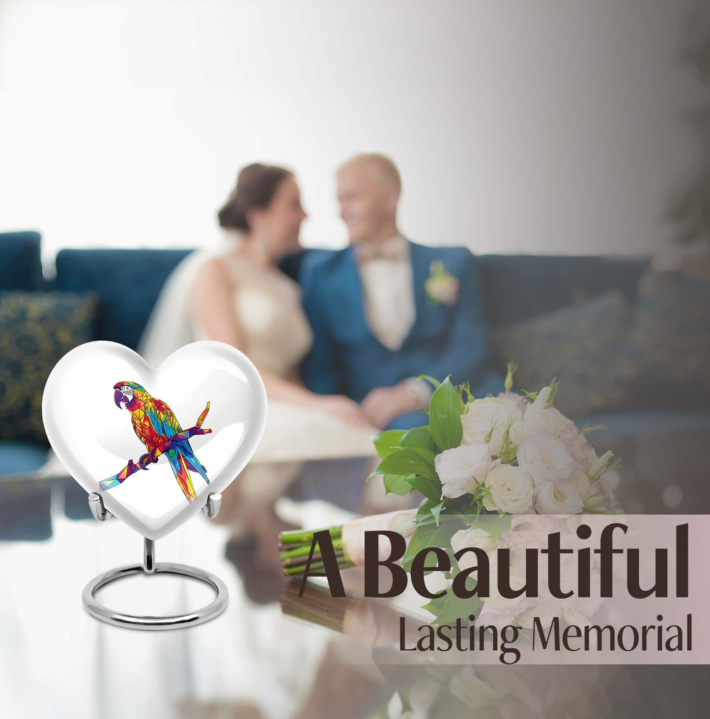 10-inch heart urn for ashes, macaw parrot urn with howling wolf design, customizable