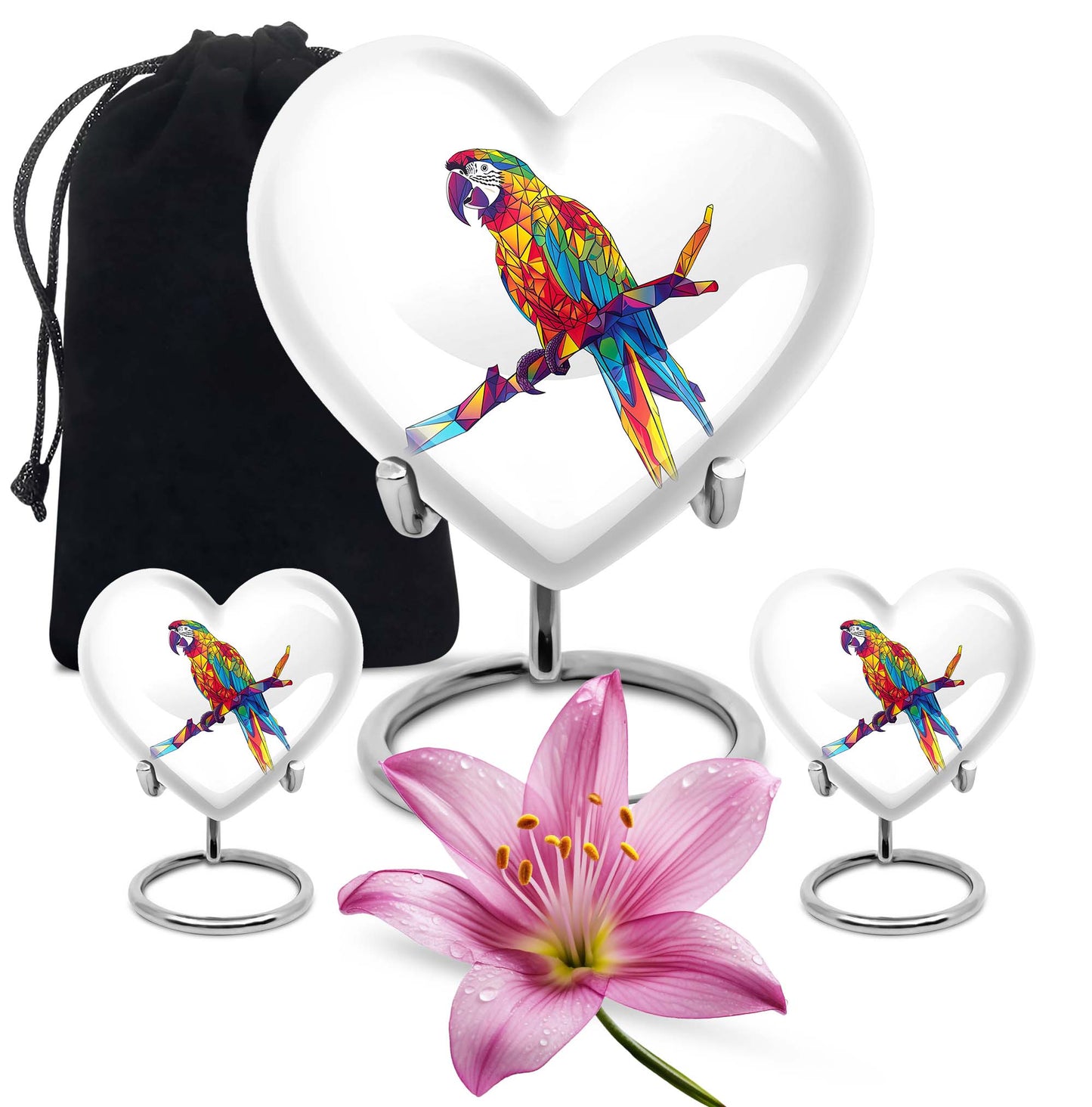 10-inch heart urn for ashes, macaw parrot urn with howling wolf design, customizable