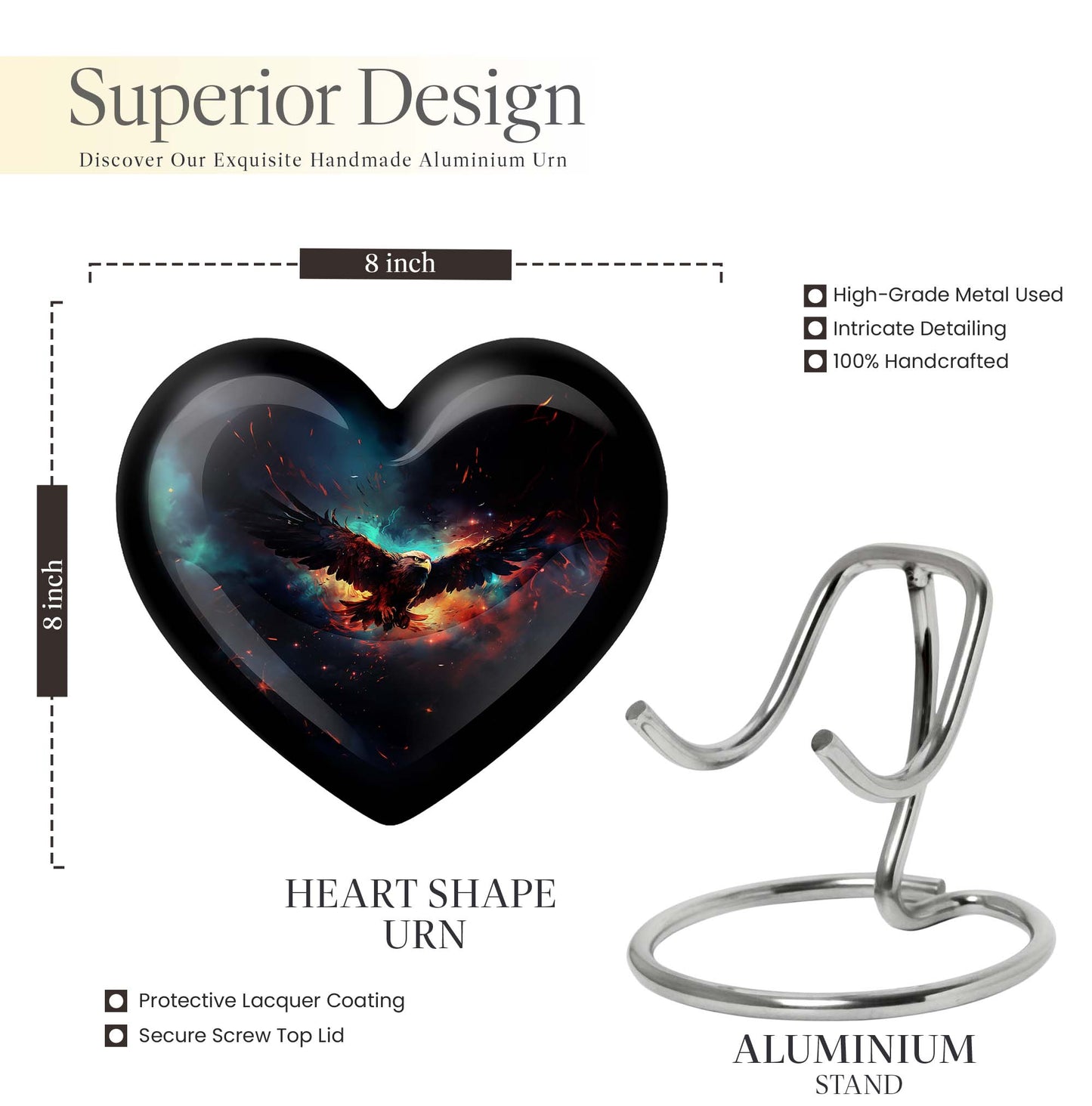 10-inch EAGLE Urn styled as a Heart Urn with Wolf Howling theme and capacity for 200 cubic inches of ashes