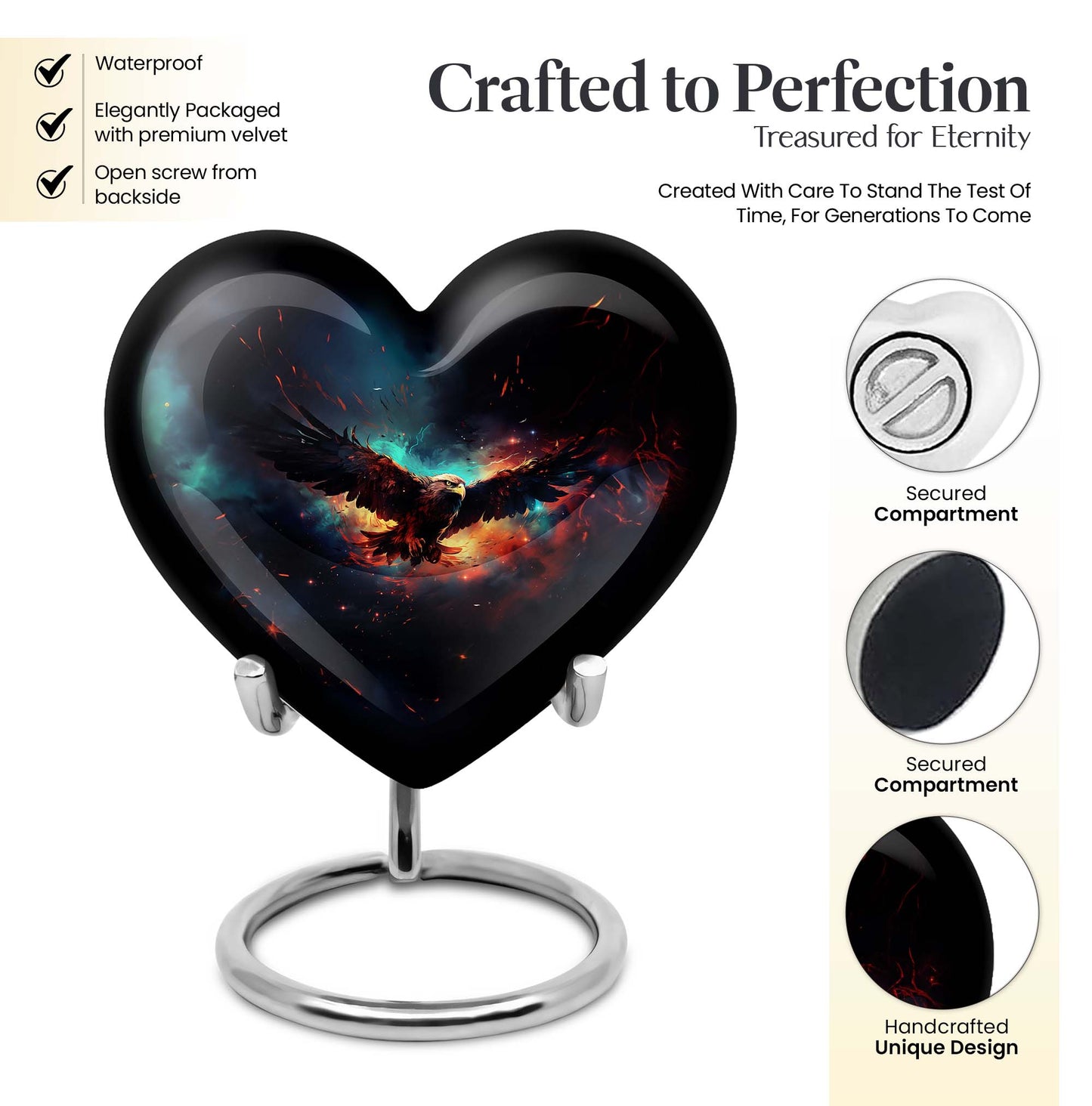 10-inch EAGLE Urn styled as a Heart Urn with Wolf Howling theme and capacity for 200 cubic inches of ashes
