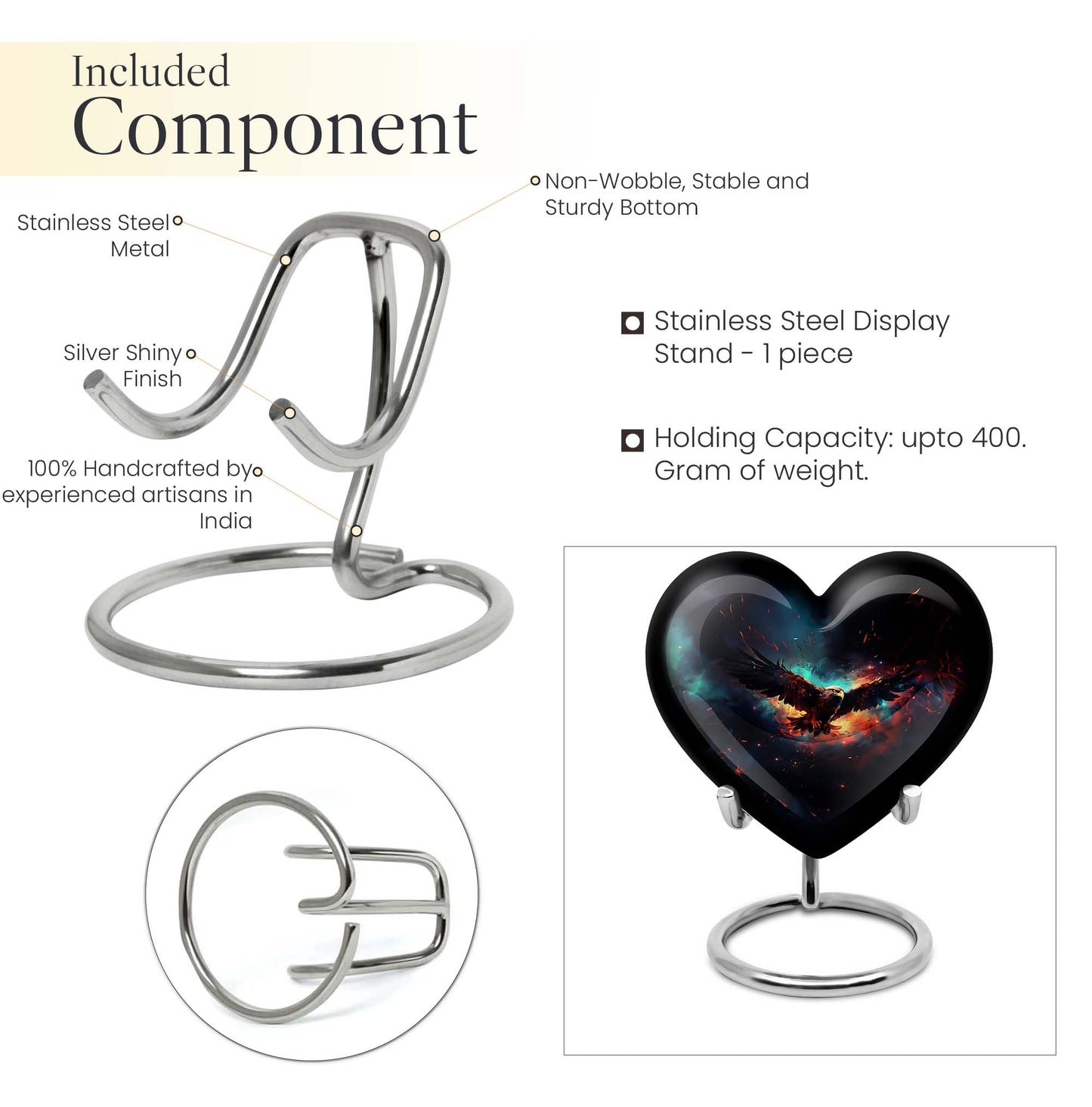 10-inch EAGLE Urn styled as a Heart Urn with Wolf Howling theme and capacity for 200 cubic inches of ashes