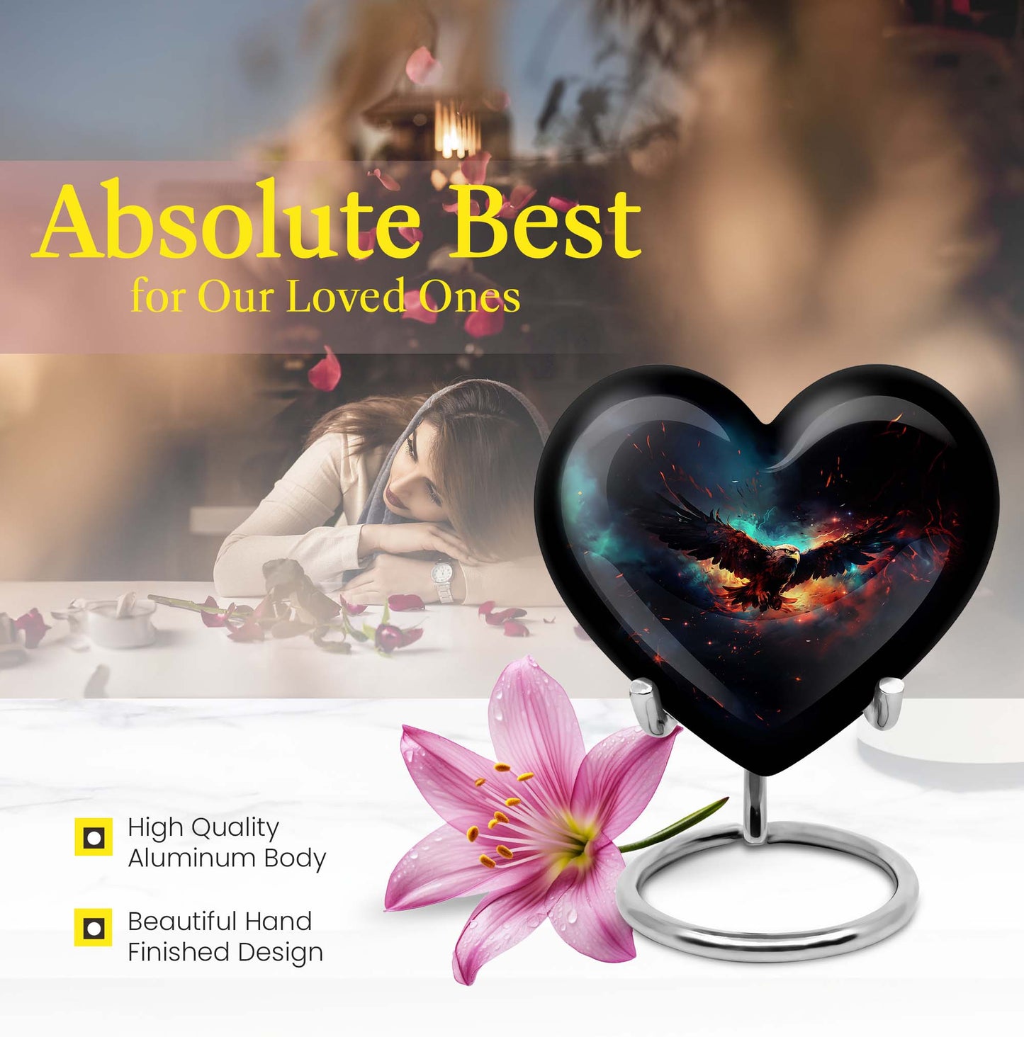 10-inch EAGLE Urn styled as a Heart Urn with Wolf Howling theme and capacity for 200 cubic inches of ashes