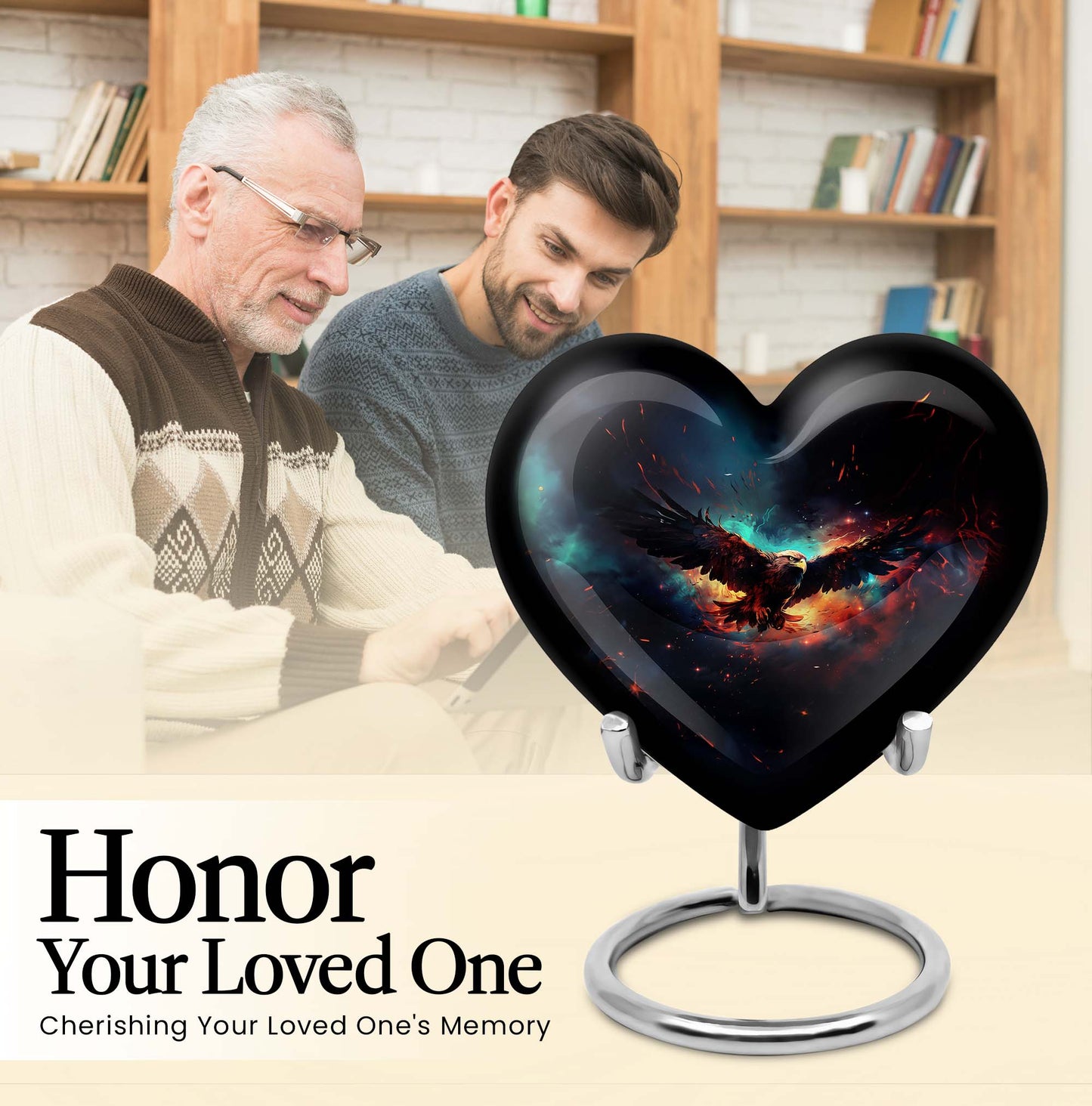 10-inch EAGLE Urn styled as a Heart Urn with Wolf Howling theme and capacity for 200 cubic inches of ashes