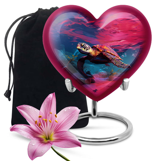 10 inch Turtle Heart Urn featuring a howling wolf