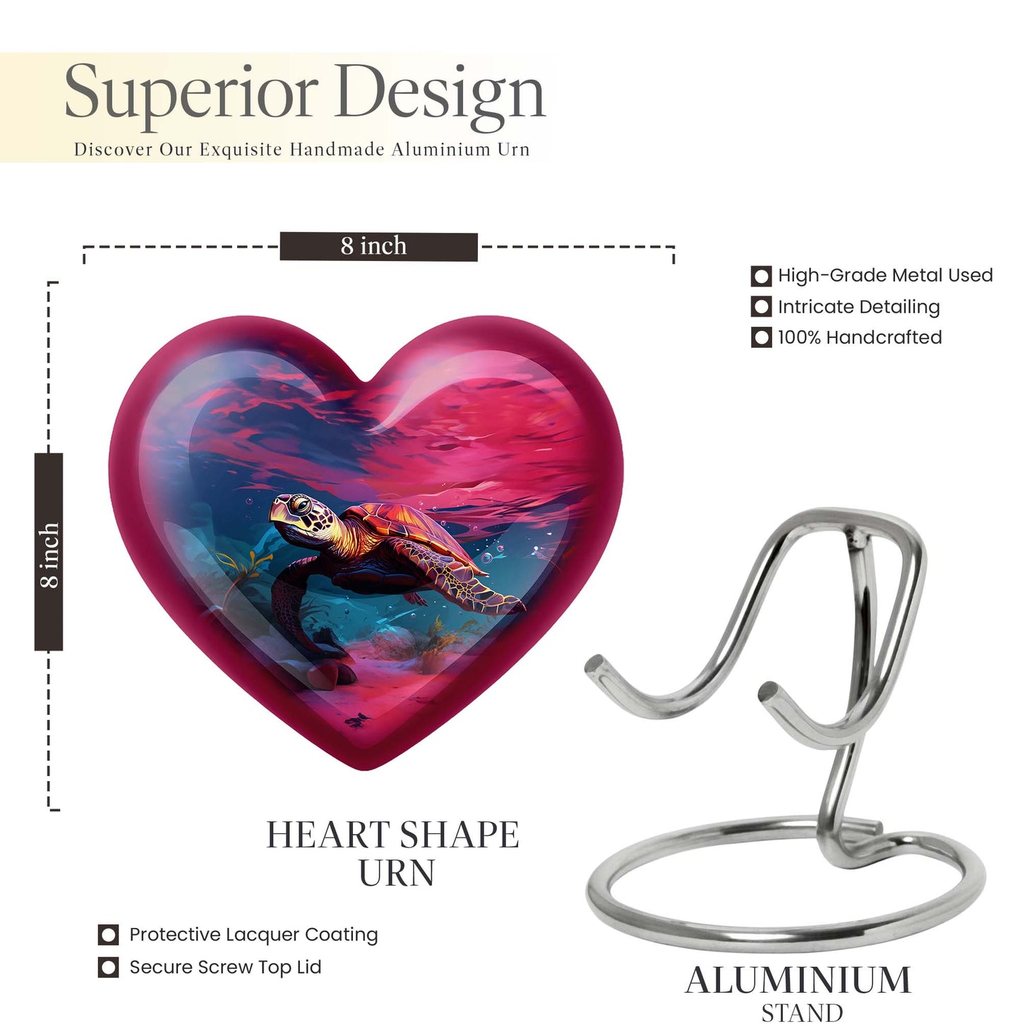 10 inch Turtle Heart Urn featuring a howling wolf
