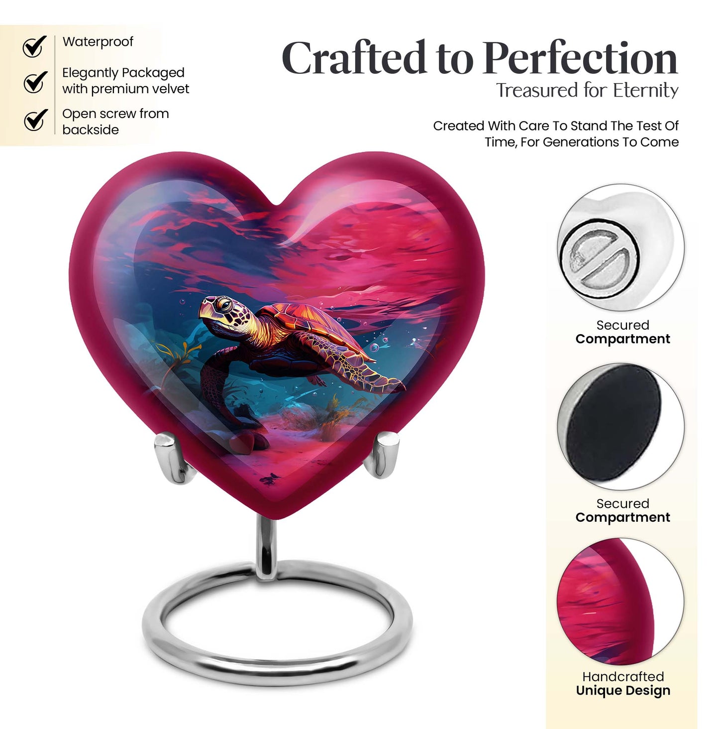 10 inch Turtle Heart Urn featuring a howling wolf