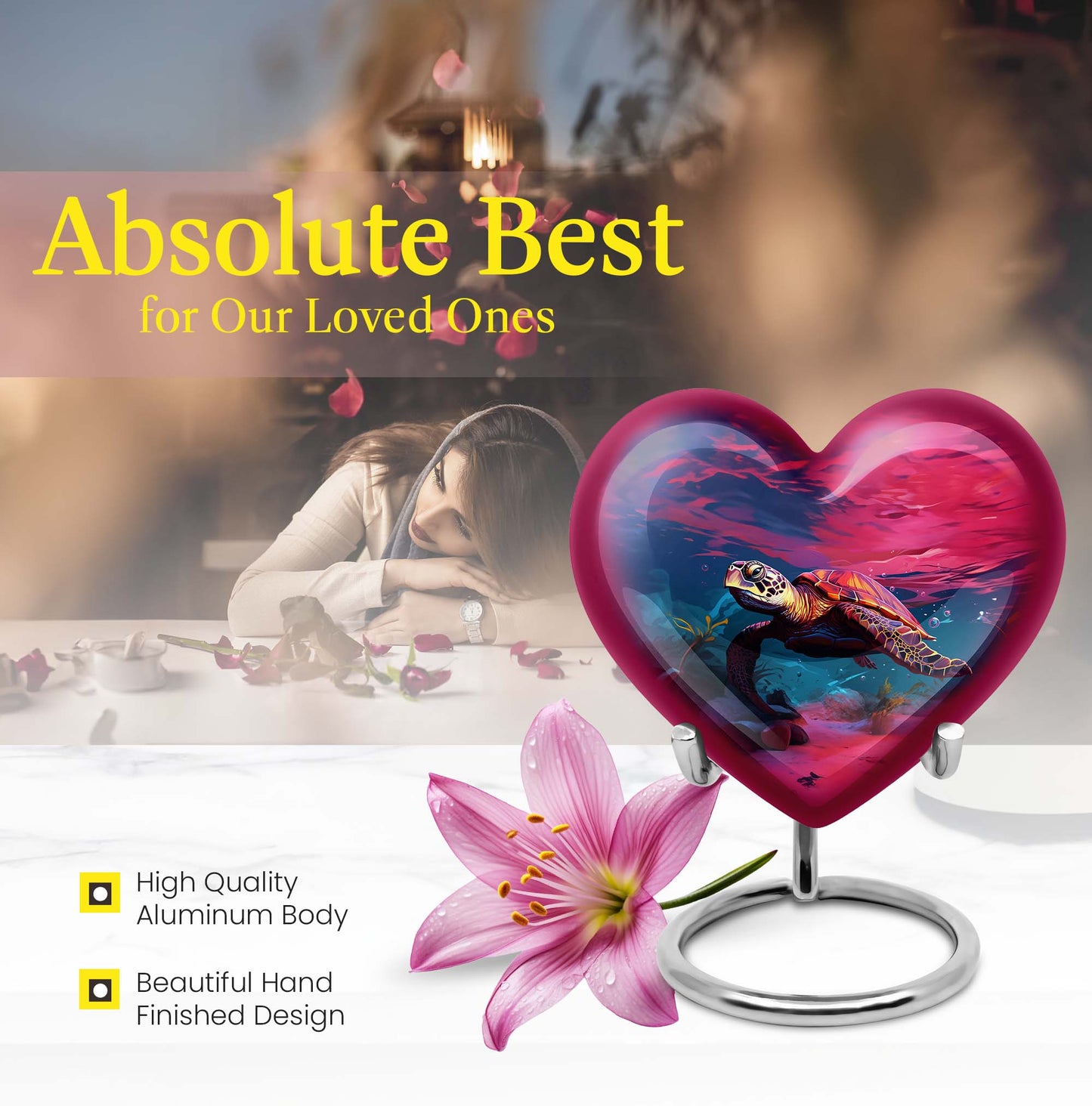 10 inch Turtle Heart Urn featuring a howling wolf