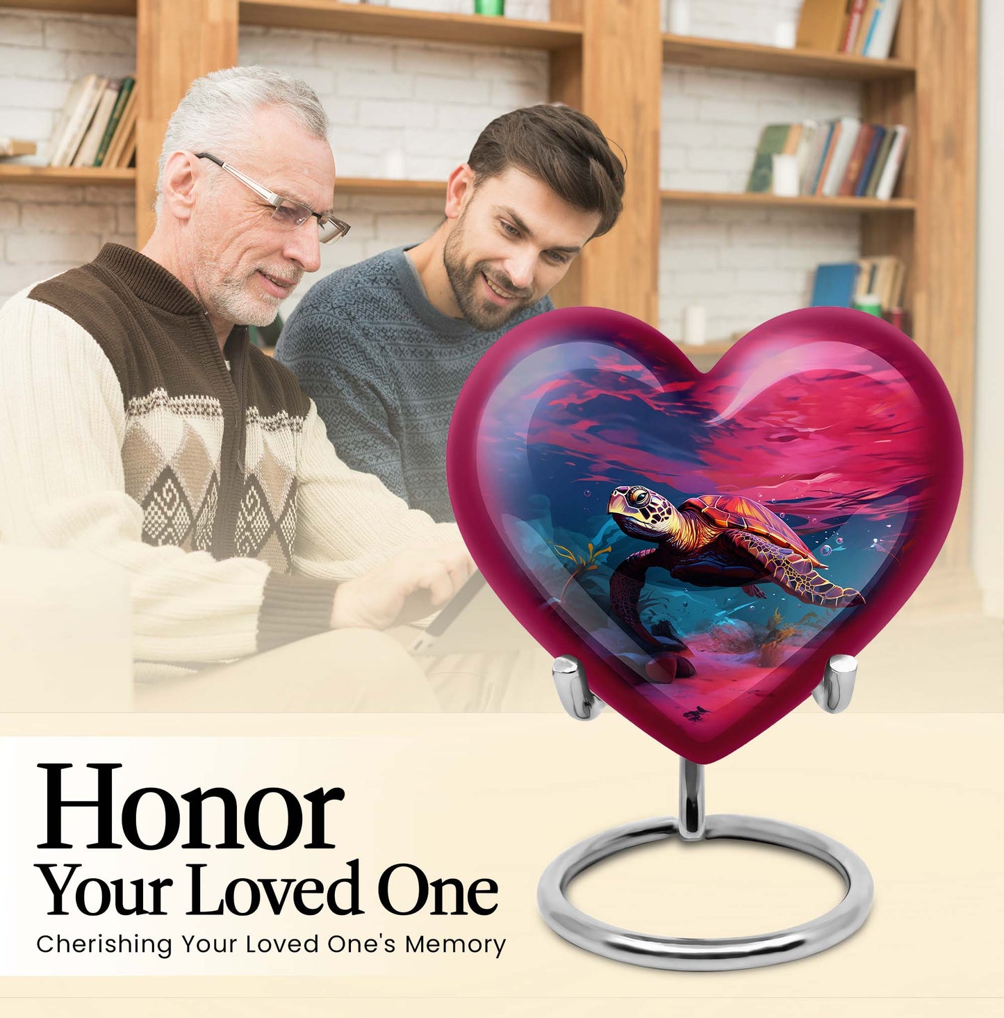 10 inch Turtle Heart Urn featuring a howling wolf