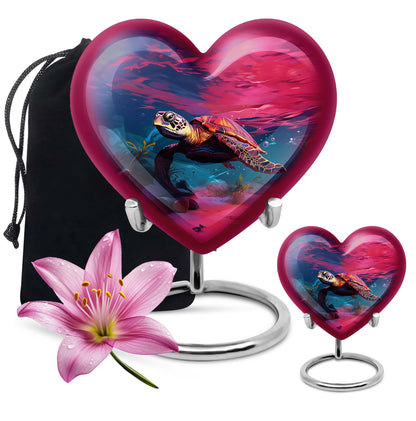 10 inch Turtle Heart Urn featuring a howling wolf