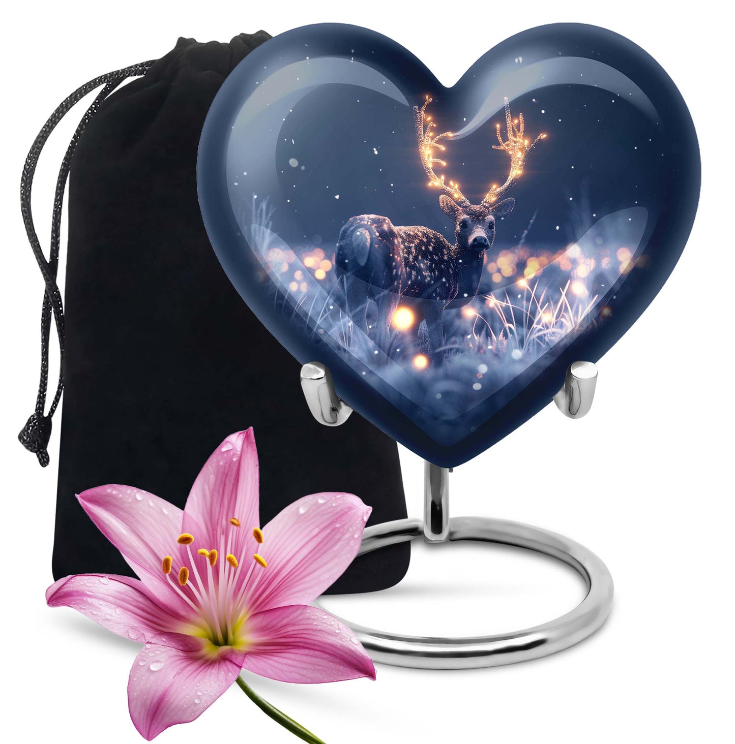 10-inch heart-shaped deer urn with wolf theme, perfect for women's ashes