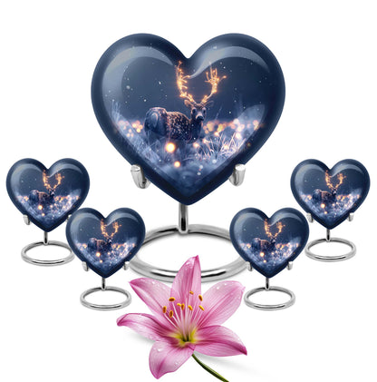 10-inch heart-shaped deer urn with wolf theme, perfect for women's ashes