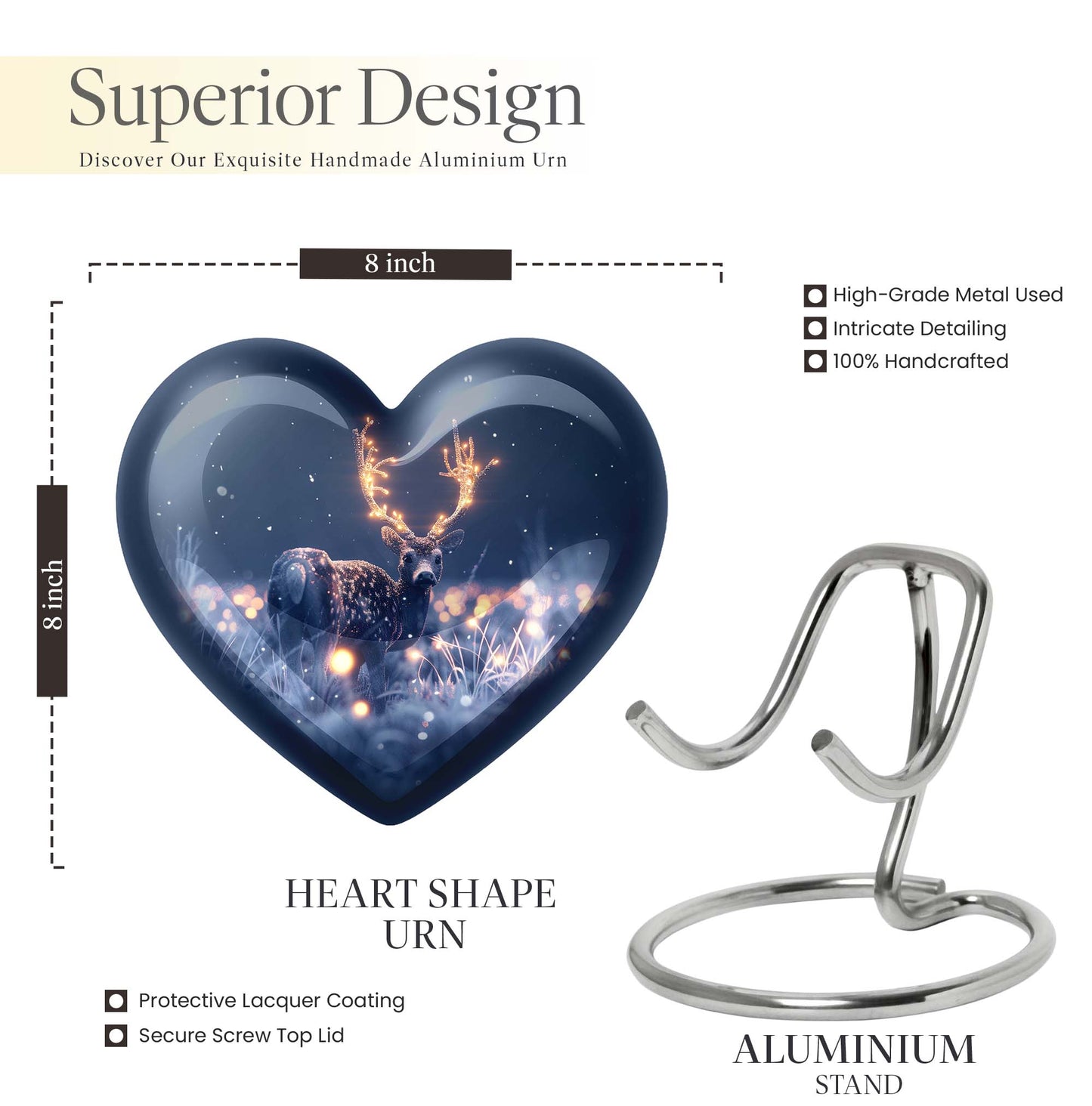 10-inch heart-shaped deer urn with wolf theme, perfect for women's ashes