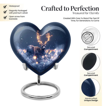 10-inch heart-shaped deer urn with wolf theme, perfect for women's ashes