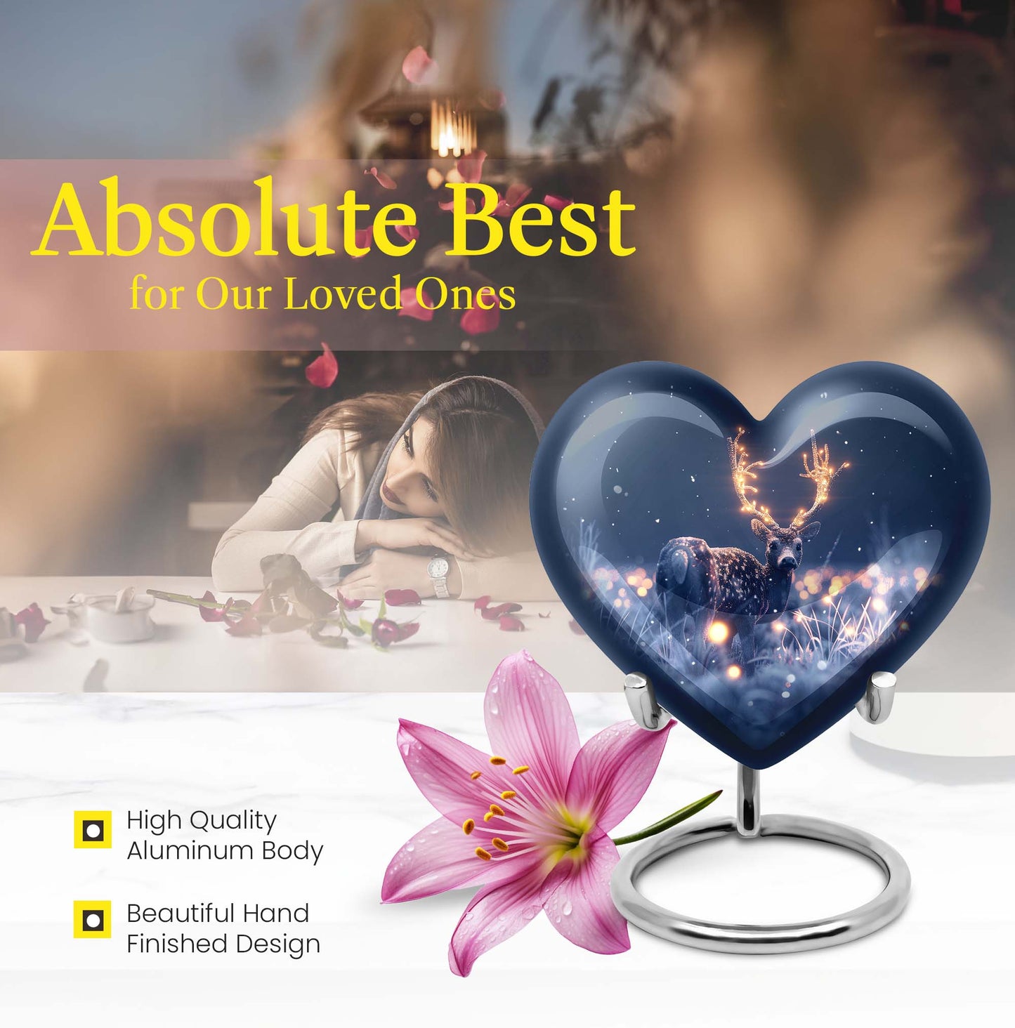 10-inch heart-shaped deer urn with wolf theme, perfect for women's ashes