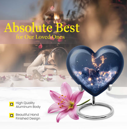 10-inch heart-shaped deer urn with wolf theme, perfect for women's ashes