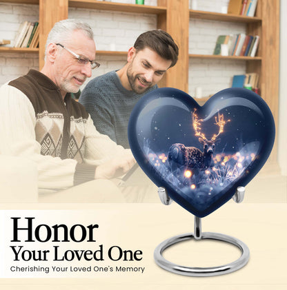 10-inch heart-shaped deer urn with wolf theme, perfect for women's ashes