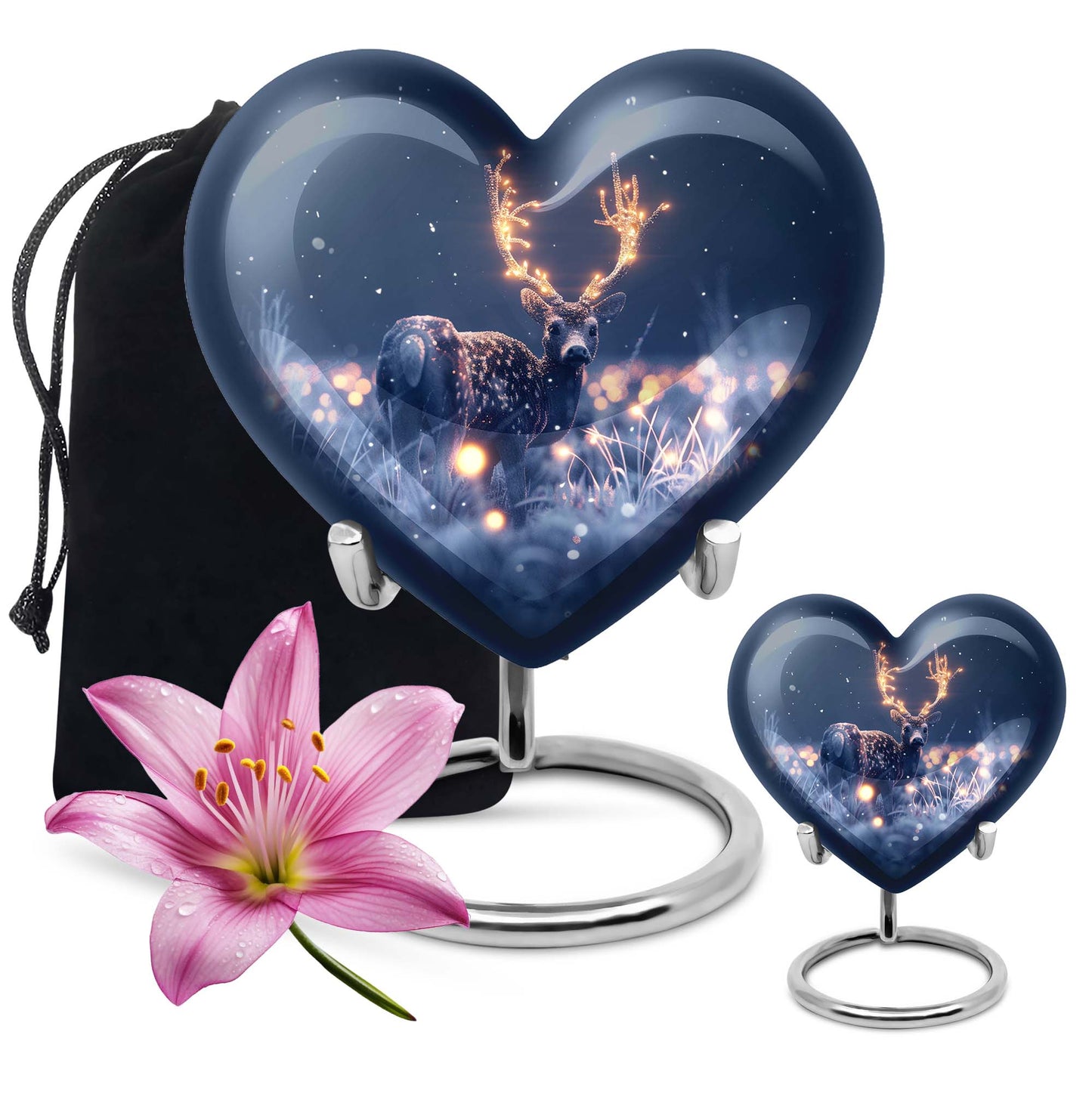 10-inch heart-shaped deer urn with wolf theme, perfect for women's ashes