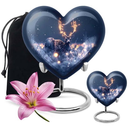 10-inch heart-shaped deer urn with wolf theme, perfect for women's ashes