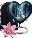 Heart-shaped deer urn for ashes, aluminium funeral urn with wolf howling design