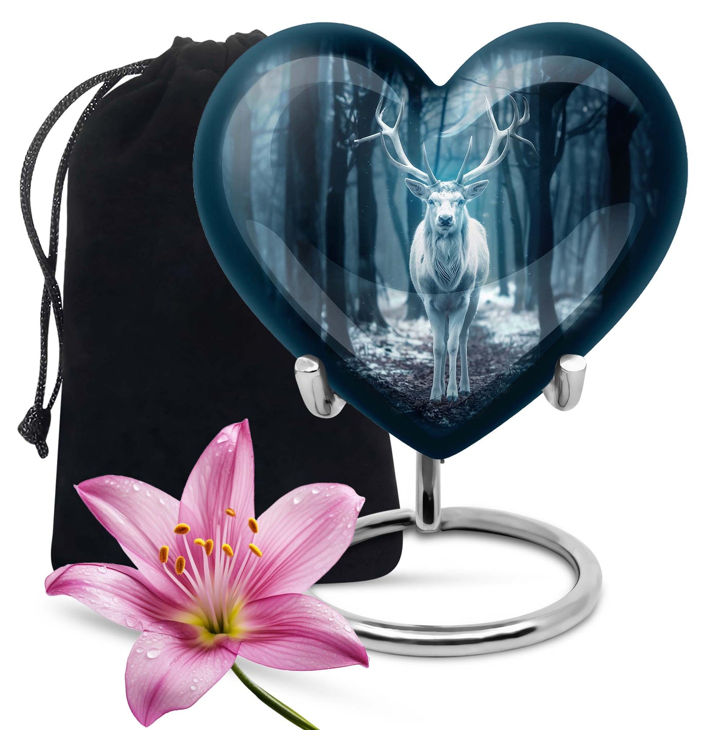 Heart-shaped deer urn for ashes, aluminium funeral urn with wolf howling design